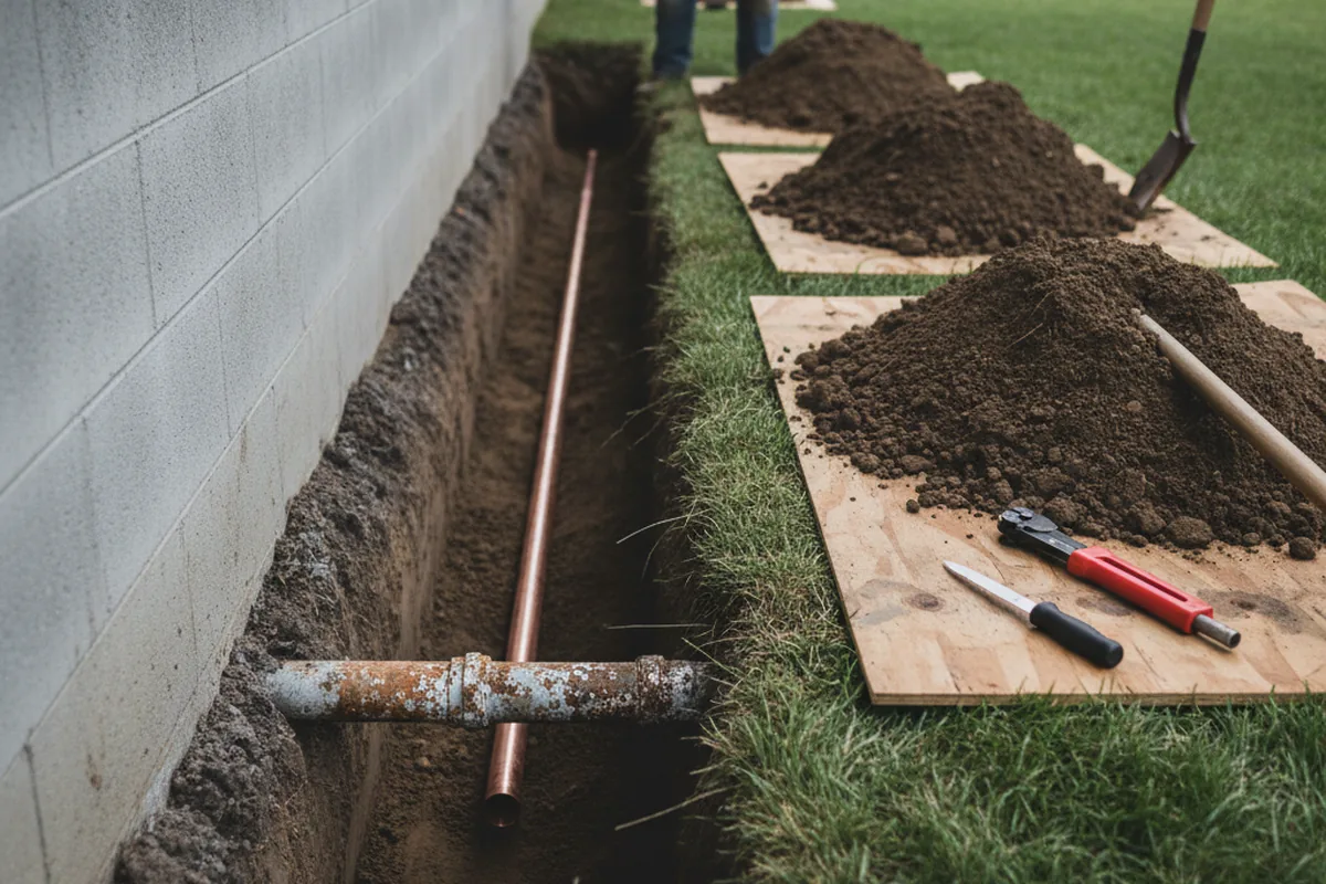Excavated water line trench during Sewer Line Repair in Greencastle